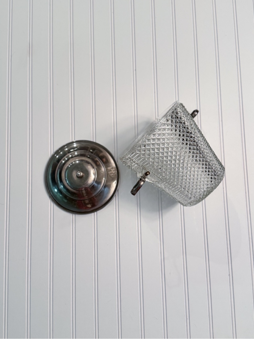 Vintage Diamond-Point Glass Ice Bucket with Tiered Silver-Tone Lid & Folding Han